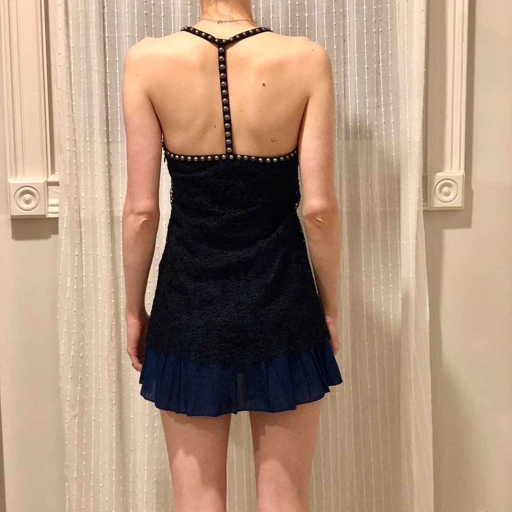 Free People Studded Black Lace Navy T-Back Dress